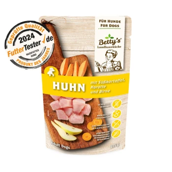 Frischebeutel Huhn & Süsskartoffel 10x125 g Betty's Landhausküche Hundefutterverpackung, 125g, mit Huhn, Süßkartoffel, Karotte, Birne. Etiketten: "Getreidefrei", "Einzelprotein", "Keine Tierversuche."