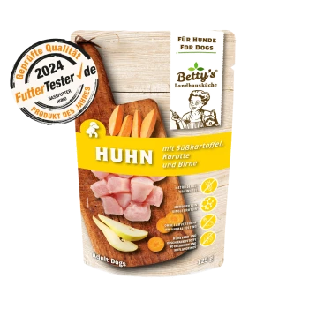 Betty's Landhausküche Hundefutterverpackung, 125g, mit Huhn, Süßkartoffel, Karotte, Birne. Etiketten: "Getreidefrei", "Einzelprotein", "Keine Tierversuche."