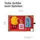 Plüsch-Spielmatte für Haustiere mit einem Hot Dog, Pommes und einem Teller mit Besteck, misst 55 cm mal 36 cm, mit verspielten Grafiken.