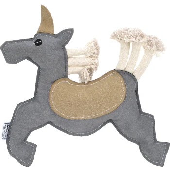 Pluszowa szara zabawka dla psa w kształcie jednorożca z złotym siodłem i sznurkiem zamiast grzywy, zaprojektowana do zabawy i żucia przez zwierzęta.
