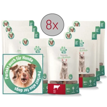 Rind Fleischstreifen 8x 50g Fellonis Hundesnacks Acht Tüten Felicita Hundeleckerlis mit einem Hund und einer Katze auf der Verpackung, die "Perfekt für Hunde" und "100% Fleisch" angeben.