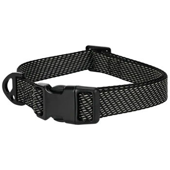 Black and gray woven pet collar with a plastic buckle and adjustable strap.
