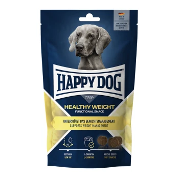 Care Snack Healthy Weight 2x100 g Blaue und gelbe Happy Dog Healthy Weight Snacktüte für Hunde, mit einem Weimaraner und zweisprachigen Informationen zur Gewichtskontrolle.