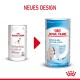 Bild, das zwei Dosen Royal Canin Babydog Milch vergleicht und ein neues Design zeigt. Der Text lautet "NEUES DESIGN" und hebt Produktdetails hervor.