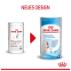 Bild, das zwei Dosen Royal Canin Babydog Milch vergleicht und ein neues Design zeigt. Der Text lautet "NEUES DESIGN" und hebt Produktdetails hervor.