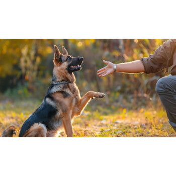 Deutscher Schäferhund sitzt und gibt draußen bei goldenem Herbstlicht einer Person die Pfote, trägt ein mit Nieten besetztes Halsband.