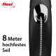 Schwarze ausziehbare Hundeleine mit einem 8-Meter hochfesten Seil, mit dem Flexi-Logo über dem Text "8 Meter hochfestes Seil."