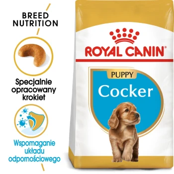 Torba z karmą dla szczeniąt Royal Canin Puppy Cocker z złotym cocker spaniel, z tekstem podkreślającym żywienie rasy i wsparcie odporności.