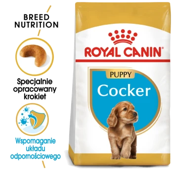Torba z karmą dla szczeniąt Royal Canin Puppy Cocker z złotym cocker spaniel, z tekstem podkreślającym żywienie rasy i wsparcie odporności.