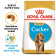 Torba z karmą dla szczeniąt Royal Canin Puppy Cocker z złotym cocker spaniel, z tekstem podkreślającym żywienie rasy i wsparcie odporności.