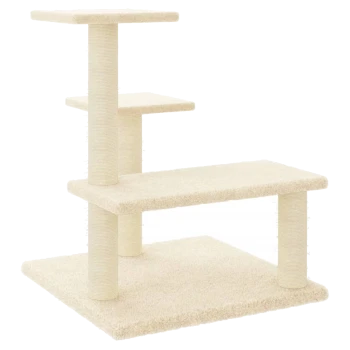 Ein beiger Katzenbaum mit drei Plattformen und zwei Kratzpfosten, entworfen zum Klettern und Kratzen.