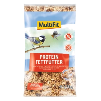 A bag of MultiFit Protein Fat Feed for birds, featuring images of a blue tit and a robin, with text highlighting its protein-rich formula.