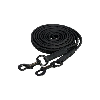 Schwarze Hundeleine, ordentlich aufgerollt, mit zwei Metallclips und strukturiertem Griff, beschriftet mit 'Top Reiter.'