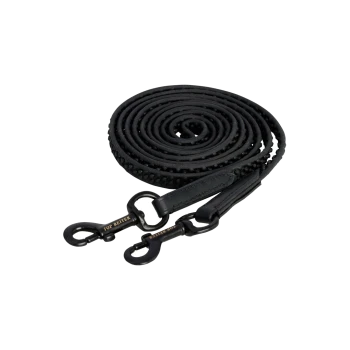 Schwarze Hundeleine, ordentlich aufgerollt, mit zwei Metallclips und strukturiertem Griff, beschriftet mit 'Top Reiter.'