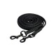 Schwarze Hundeleine, ordentlich aufgerollt, mit zwei Metallclips und strukturiertem Griff, beschriftet mit 'Top Reiter.'