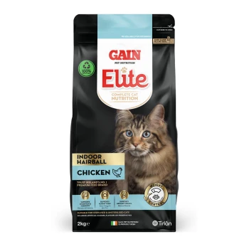 Bag of Gain Elite Indoor Hairball cat food, 2kg, featuring a close-up of a tabby cat on the front, labeled "Chicken" and "Complete Cat Nutrition."