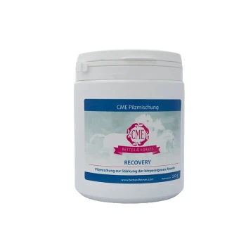 Behälter mit CME Pilzmischung für Pferde, beschriftet mit "RECOVERY", fördert die Immununterstützung, 300g, von Better4Horses.