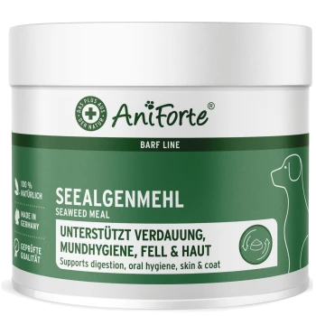 Behälter mit AniForte Algenmehl für Hunde, beschriftet '100% natürlich', 'Hergestellt in Deutschland' und 'Unterstützt die Verdauung, Mundhygiene, Haut & Fell.'
