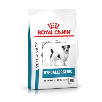Royal Canin hypoallergenes Hundefutter für kleine Hunde, mit einem schwarz-weißen Hund auf der Verpackung, beschriftet mit "VETERINARY."