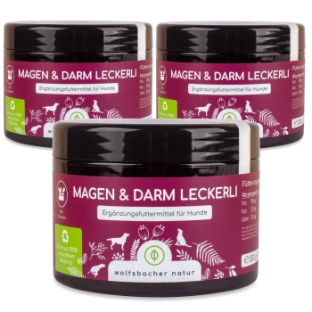 Drei Gläser "Magen & Darm Leckerli", ein Nahrungsergänzungsmittel für Hunde, mit einem lila Etikett mit weißem Text und Illustrationen von Tieren.