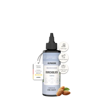 Flasche Alphazoo Durchblick Augentropfen für Haustiere mit Mandeln und deutschem Text auf Etikett und Anhängern.
