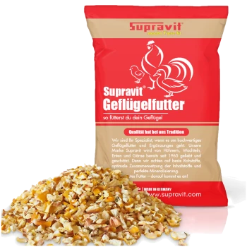 Roter und beiger 25kg Sack Supravit Geflügelfutter mit Bildern von Huhn, Küken und Ente, hergestellt in Deutschland.