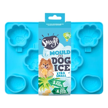ijsvorm XS Blauwe siliconen hondenijsvorm met pootafdrukvormen, gelabeld "Smoofl Mould for Dog Ice Xtra Small," inclusief 5 ijsjes en 4 bonbons.