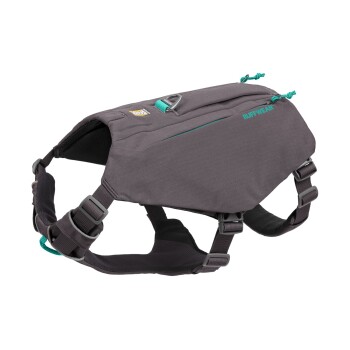Ein graues Hundegeschirr mit verstellbaren Riemen und einer Reißverschlusstasche, mit dem 'Ruffwear'-Logo in Türkis.