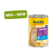 Dose MultiFit Senior Katzenfutter mit Lachs, mit einer orangefarbenen Tabby-Katze auf dem Etikett und "NEU - NEW" in grüner Schrift.