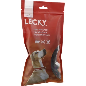 L'emballage des friandises pour chiens LECKY rouges montre un chien regardant vers le haut. Le texte indique "Leber Mini Snack," "Foie Mini Snack," "Fegato Mini Snack," et "100% Naturel."