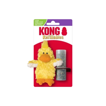 KONG Refillables packaging: yellow plush duck cat toy with refillable catnip tube; visible text "KONG Refillables"