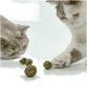 Zwei Katzen interagieren mit kleinen, runden grünen Leckerlis auf einer weißen Oberfläche, eine Katze schnüffelt und die andere greift mit ihrer Pfote danach.