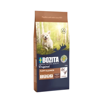 Eine 12 kg Tüte Bozita "Welpen & Junior" Hundefutter, mit einem verspielten Welpen, getreidefrei, mit 25% Protein.
