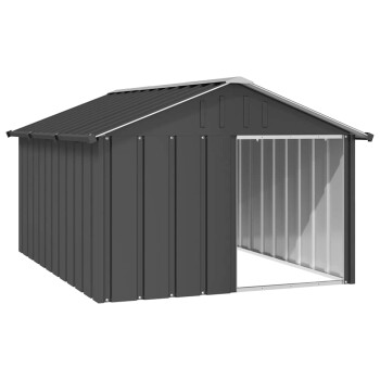 Ein dunkelgraues Metallhaustierhaus mit einem schrägen Dach und einer offenen Vorderseite, entworfen für den Außenbereich.