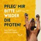 Ein verspielter Hund mit erhobenen Pfoten auf einem hellgelben Wabenhintergrund, mit dem Text: "Pfleg' mir bitte wieder die Pfoten!"