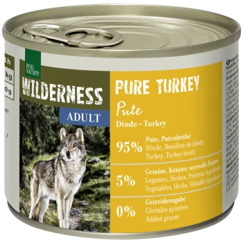 Dosenfutter für Haustiere mit der Aufschrift "Wilderness Pure Turkey", das einen Wolf auf dem Etikett zeigt, mit 95% Truthahn und Brühe, 5% Gemüse und Kräutern, 0% zugesetzten Getreide.