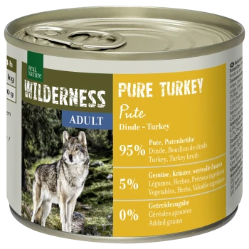 Dosenfutter für Haustiere mit der Aufschrift "Wilderness Pure Turkey", das einen Wolf auf dem Etikett zeigt, mit 95% Truthahn und Brühe, 5% Gemüse und Kräutern, 0% zugesetzten Getreide.