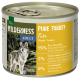 Dosenfutter für Haustiere mit der Aufschrift "Wilderness Pure Turkey", das einen Wolf auf dem Etikett zeigt, mit 95% Truthahn und Brühe, 5% Gemüse und Kräutern, 0% zugesetzten Getreide.