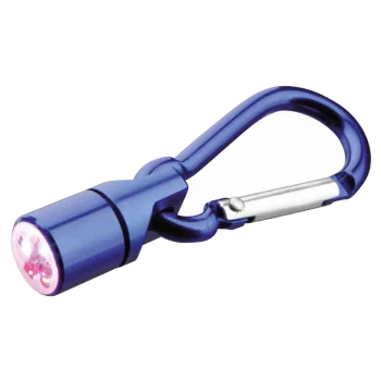 Blaue LED-Taschenlampe mit einem Karabinerclip, ideal für Hundehalsbänder oder Outdoor-Aktivitäten.