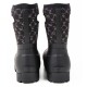 Schwarze gemusterte Haustierstiefel mit Gummisohle, mit einem dekorativen weißen Design und einem Logo auf der Rückseite.