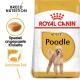 Royal Canin Adult Pudel Hundefutterbeutel mit einer Pudelillustration, mit Text, der die Ernährungsbedürfnisse der Rasse und speziell angepasste Kroketten hervorhebt.