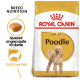 Royal Canin Adult Pudel Hundefutterbeutel mit einer Pudelillustration, mit Text, der die Ernährungsbedürfnisse der Rasse und speziell angepasste Kroketten hervorhebt.