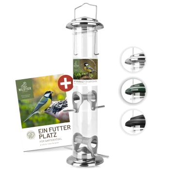 Vogelfutterspender aus Edelstahl mit transparentem Rohr, mit einer Werbekarte, die "Ein Futter Platz für Gartenvögel" liest.