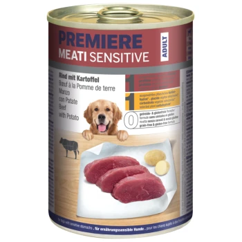 Dosenhundefutter "Premiere Meati Sensitive" mit Rind und Kartoffel, mit einer Hundillustration und mehrsprachiger Zutatenliste.
