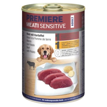 Blikvoer voor honden 'Premiere Meati Sensitive' met rundvlees en aardappel, met een hondenillustratie en meertalige ingrediëntenlijst.