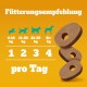 Hundefütterungsdiagramm mit Portionsgrößen (1-4) basierend auf Gewichtskategorien (4-10 kg, 11-20 kg, 21-30 kg, 31+ kg) und braunen Leckerlis.