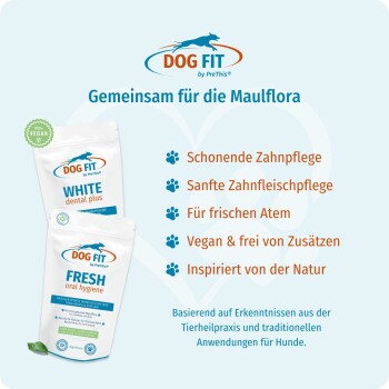Dog FIT 'WHITE dental plus' und 'FRESH oral hygiene' Beutel mit deutscher Überschrift 'Gemeinsam für die Maulflora'.