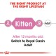 Infographic showing pet food transition from "Kitten" at 2 months to "Adult" at 12 months, with a note to switch to Royal Canin Adult.