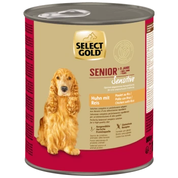 Select Gold Senior Sensitive Hundefutterdose, Huhn mit Reisgeschmack, für Hunde ab 8 Jahren, glutenfreie Rezeptur, 800g.
