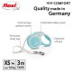 A blue Flexi dog leash with ergonomic soft grip, sturdy tape, and comfortable braking system, labeled for XS dogs up to 12 kg, 3m tape.